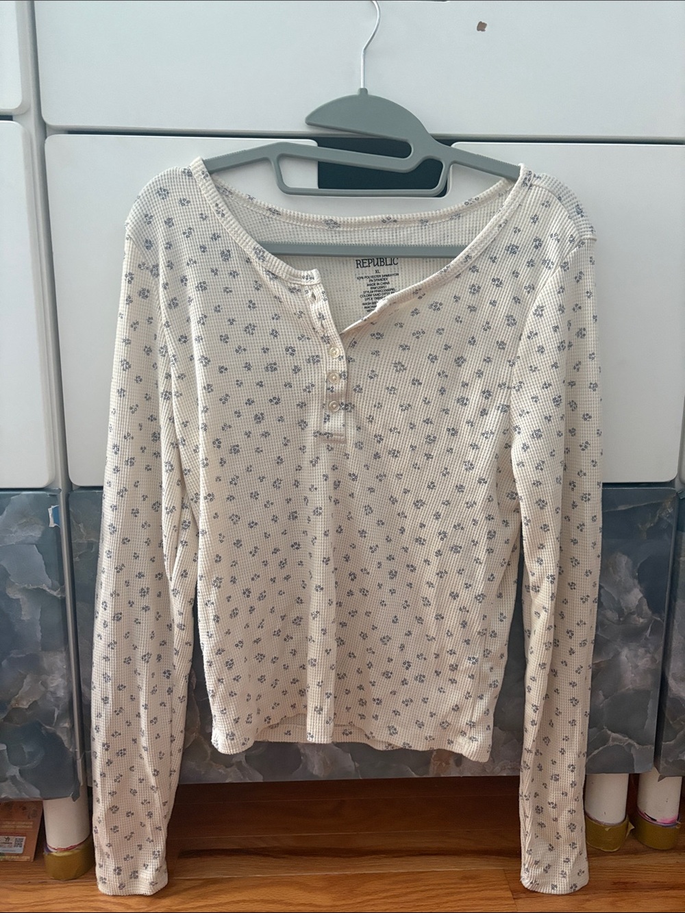 Pink Republic Thermal Henley Long Sleeve Top - Cream with Blue Floral
